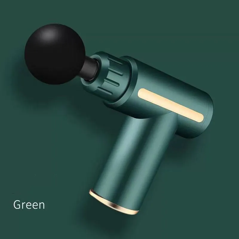 Compact mini massage gun in red, with USB port and control button, on white background