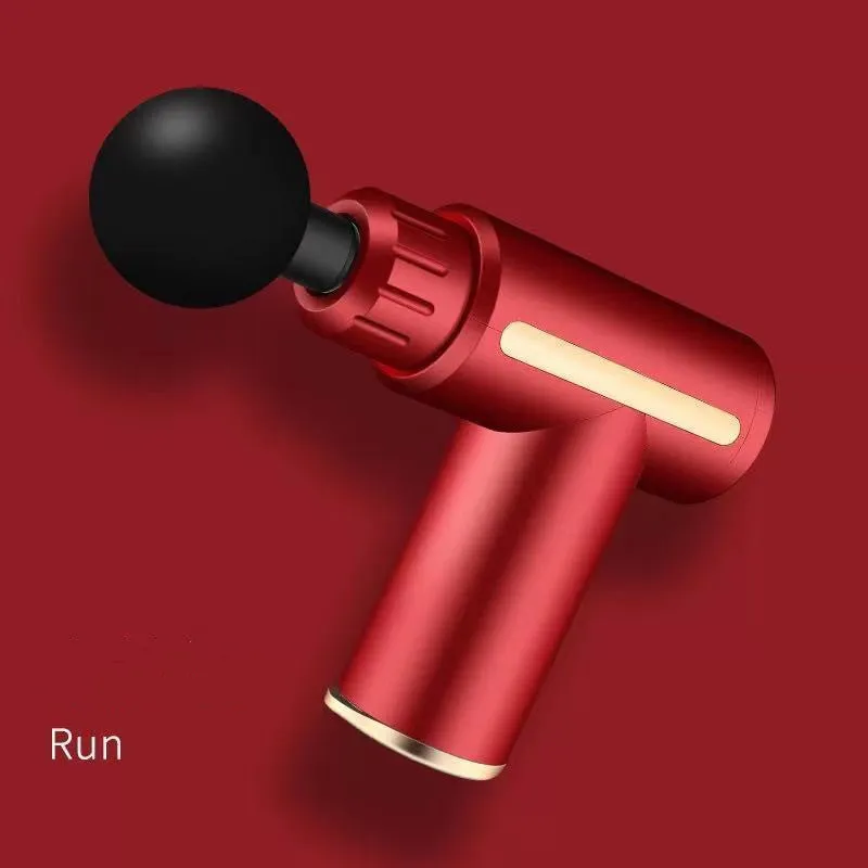 Compact mini massage gun in red, with USB port and control button, on white background