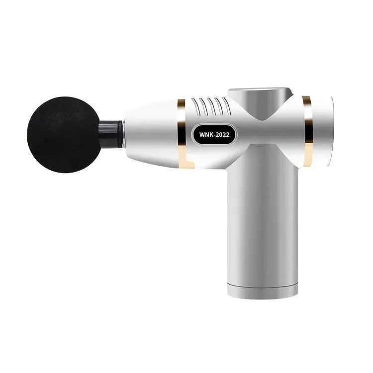 Compact mini massage gun in red, with USB port and control button, on white background