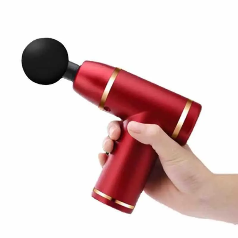 Compact mini massage gun in red, with USB port and control button, on white background