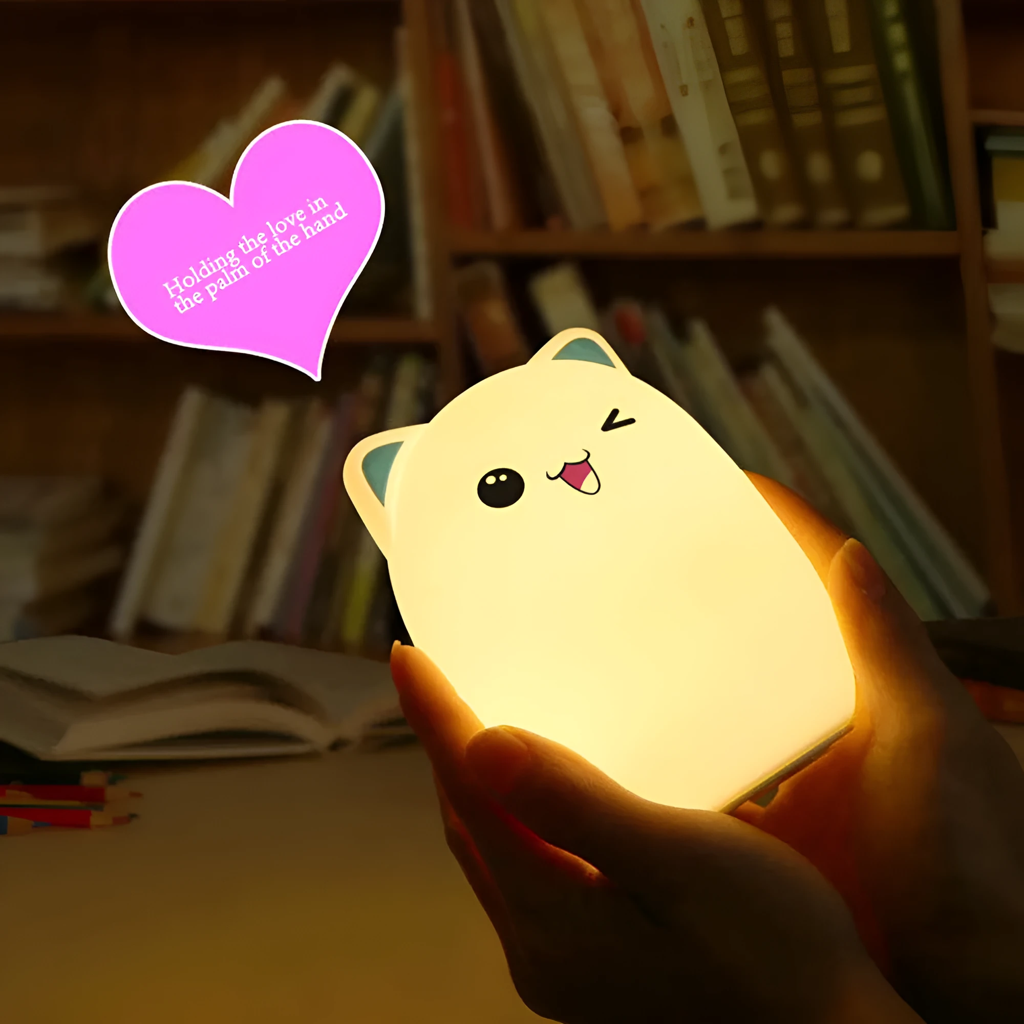 Cartoon silicone clap lamp in blue with warm white light mode on a wooden bedside table