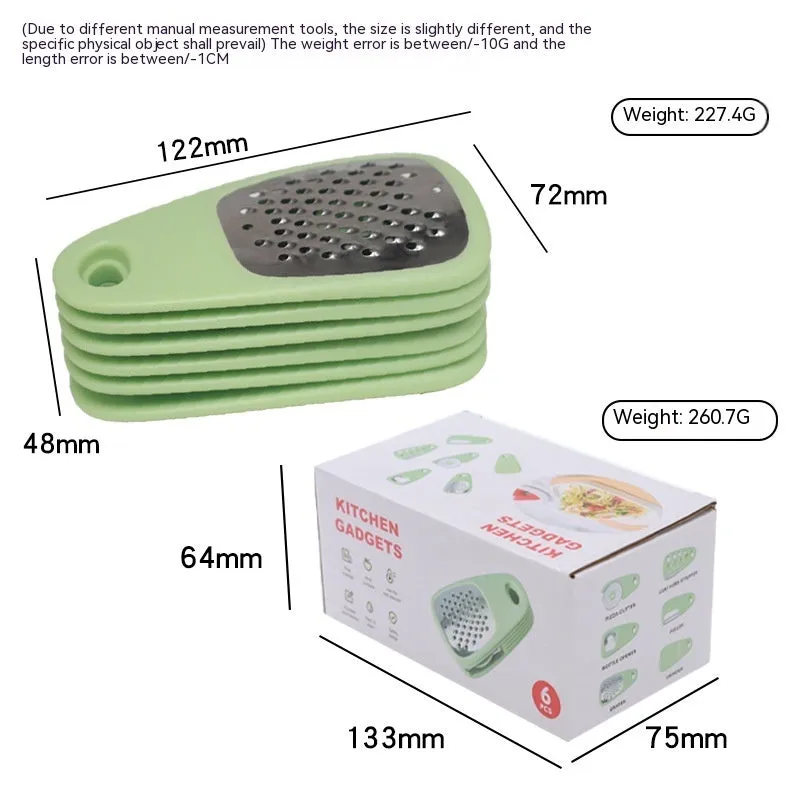 Six-piece kitchen gadget set with slicing knife, peeler, garlic masher, and bottle opener in colour box packaging