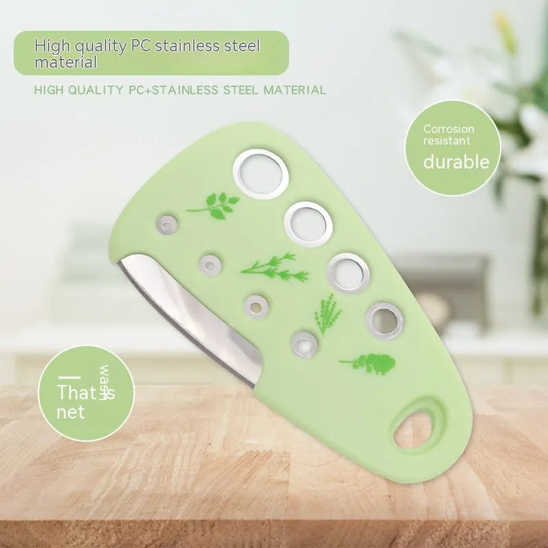 Six-piece kitchen gadget set with slicing knife, peeler, garlic masher, and bottle opener in colour box packaging