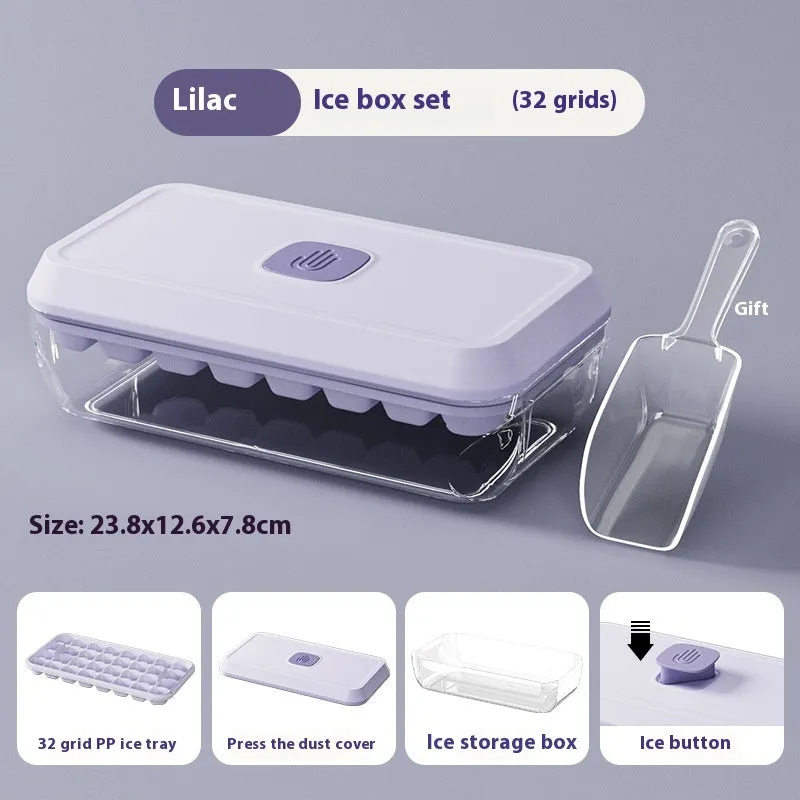 32 grid plastic ice cube tray with lid, storage box, and spatula in corn yellow colour