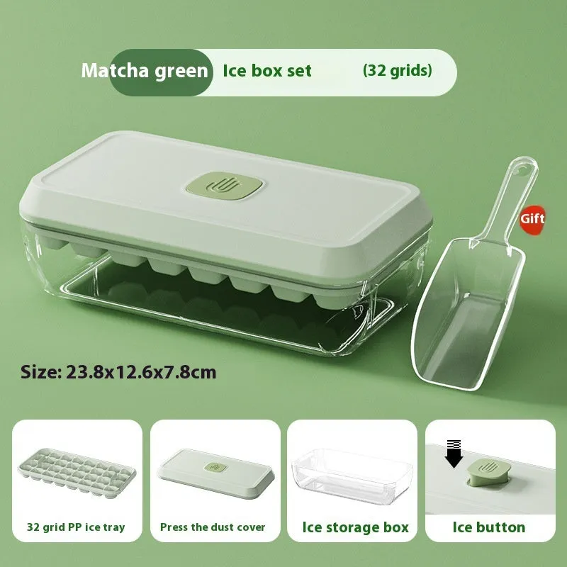 32 grid plastic ice cube tray with lid, storage box, and spatula in corn yellow colour