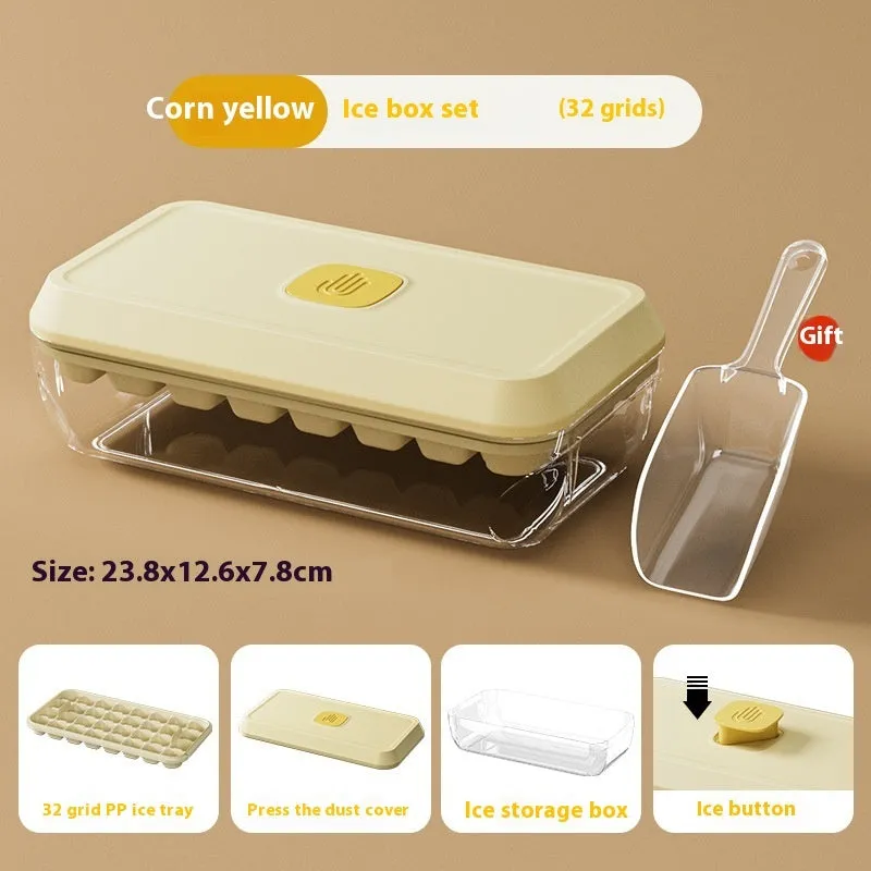 32 grid plastic ice cube tray with lid, storage box, and spatula in corn yellow colour