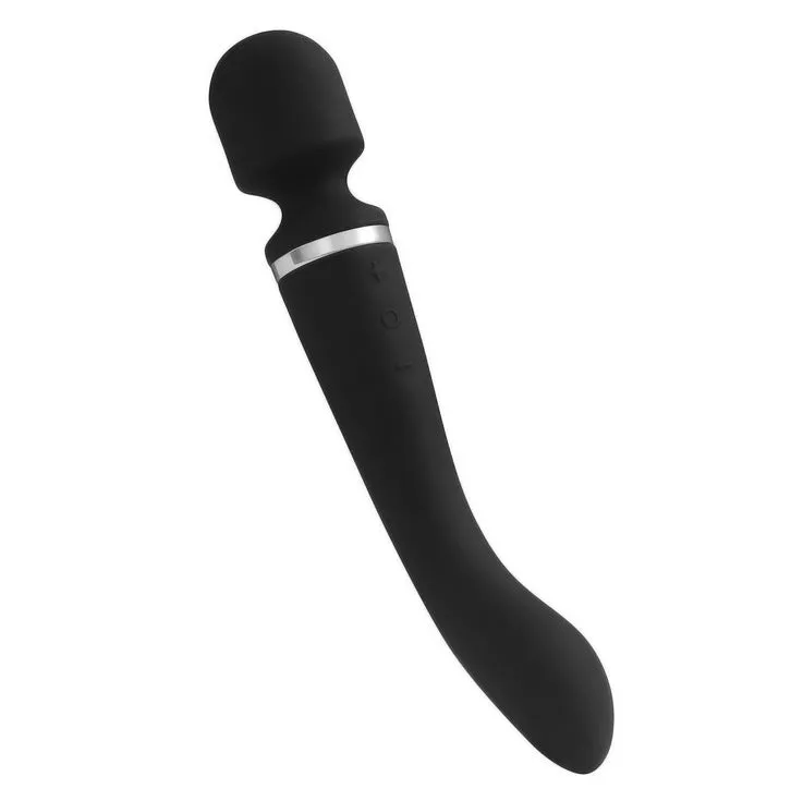 Double head vibrator in black silicone with USB charging port, for personal use.