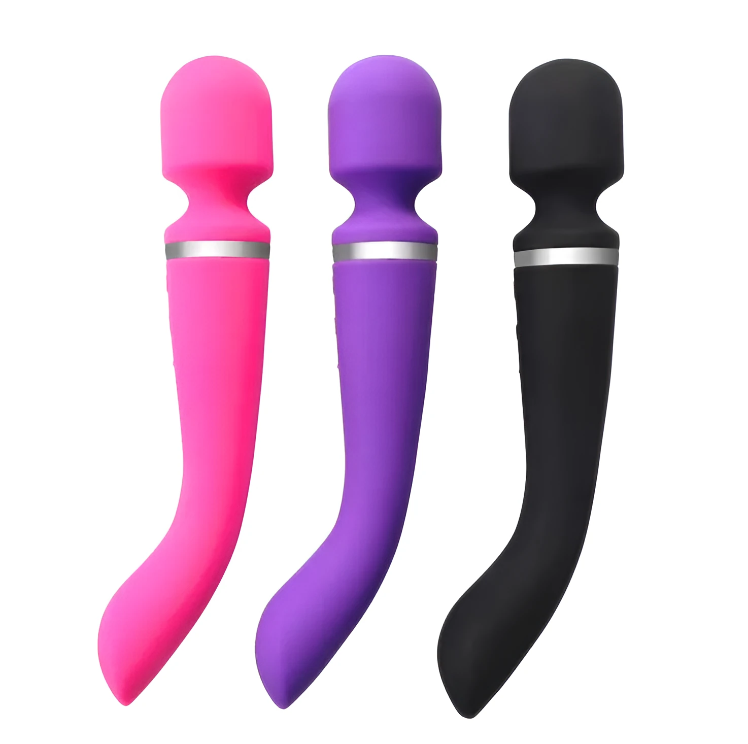 Double head vibrator in black silicone with USB charging port, for personal use.
