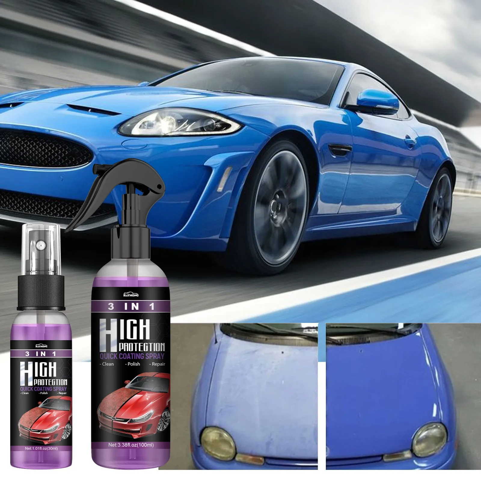 3 In 1 High Protection Fast Car Paint Spray Coating Agent in a PE bottle, 30ml and 100ml sizes