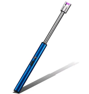 Rechargeable windproof electric lighter with USB charging, flameless design, 255mm length in ice blue finish