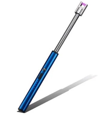 Rechargeable windproof electric lighter with USB charging, flameless design, 255mm length in ice blue finish