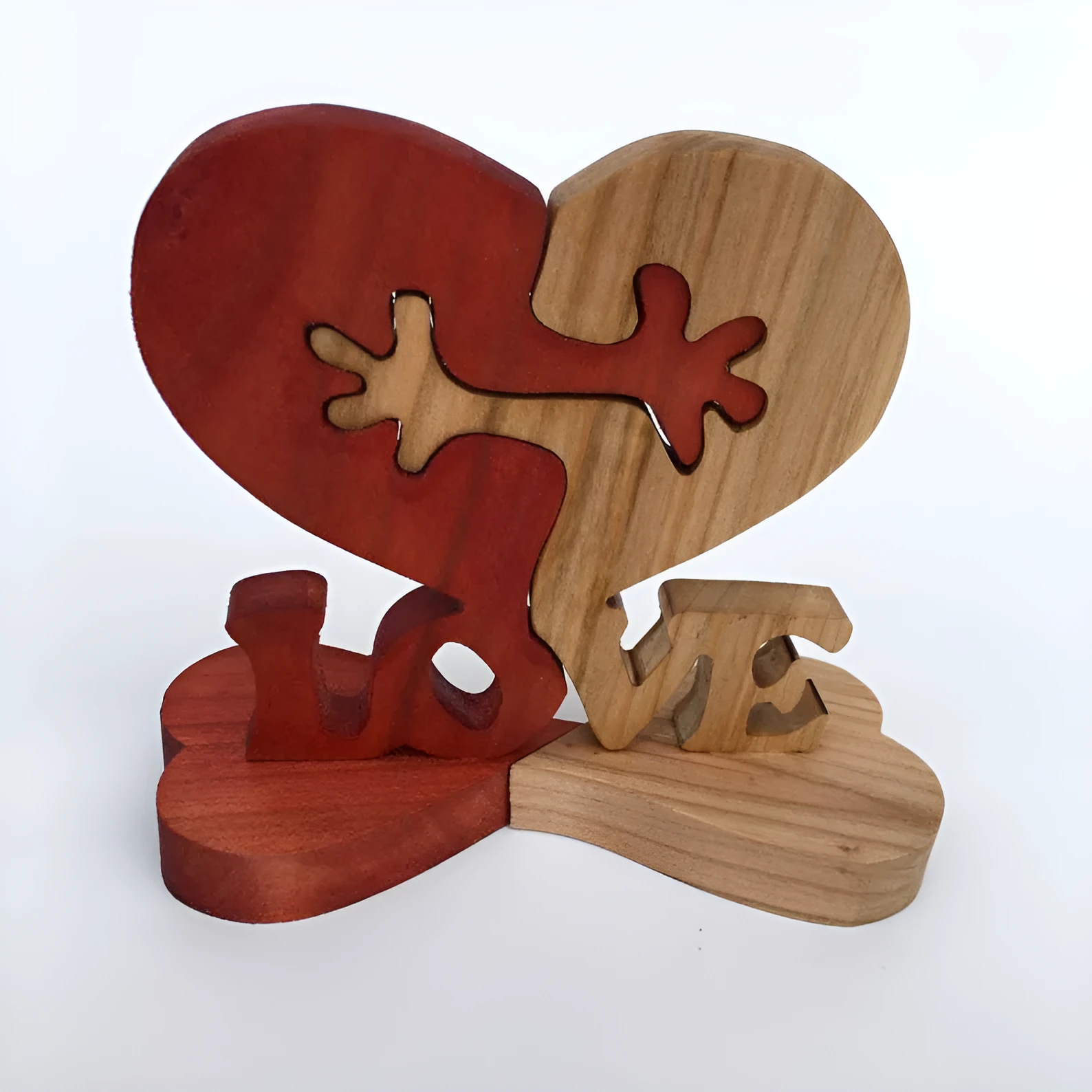 Wooden heart love desktop ornament with engraved modern minimalist geometric design in colour A, 10x13x2cm