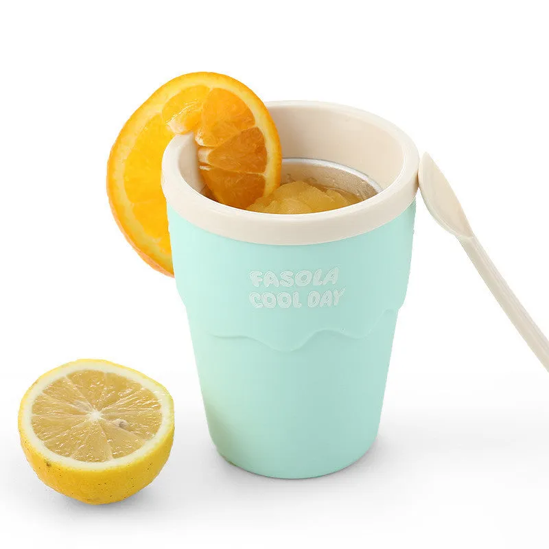 Blue slush ice maker freeze cup on white background, 200ml reusable slush mug for DIY drinks