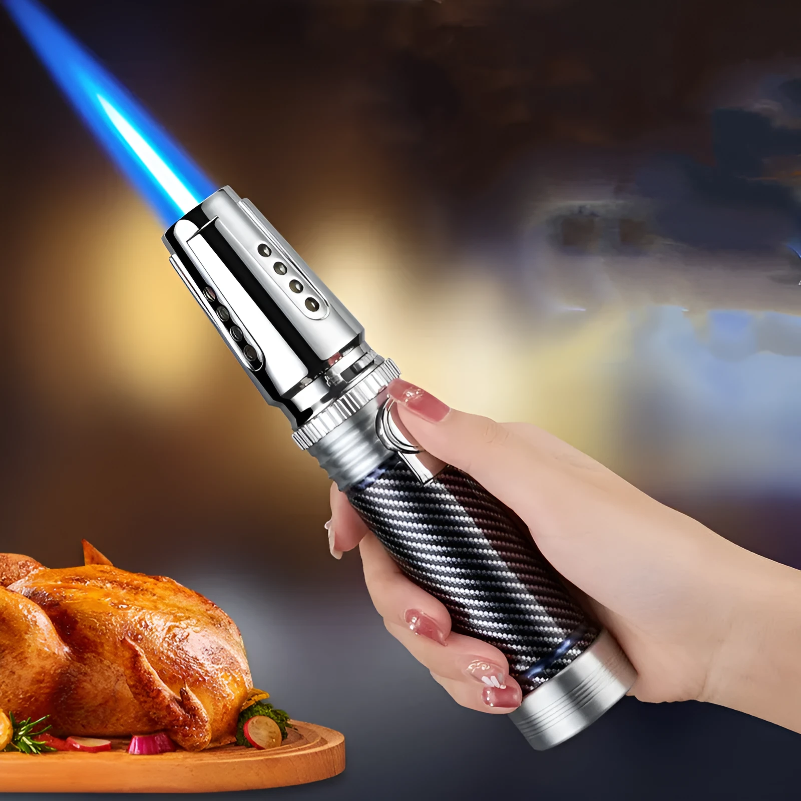 Windproof electronic inflatable cigar lighter direct blue flame spray gun zinc alloy 1300°C 180x37mm black