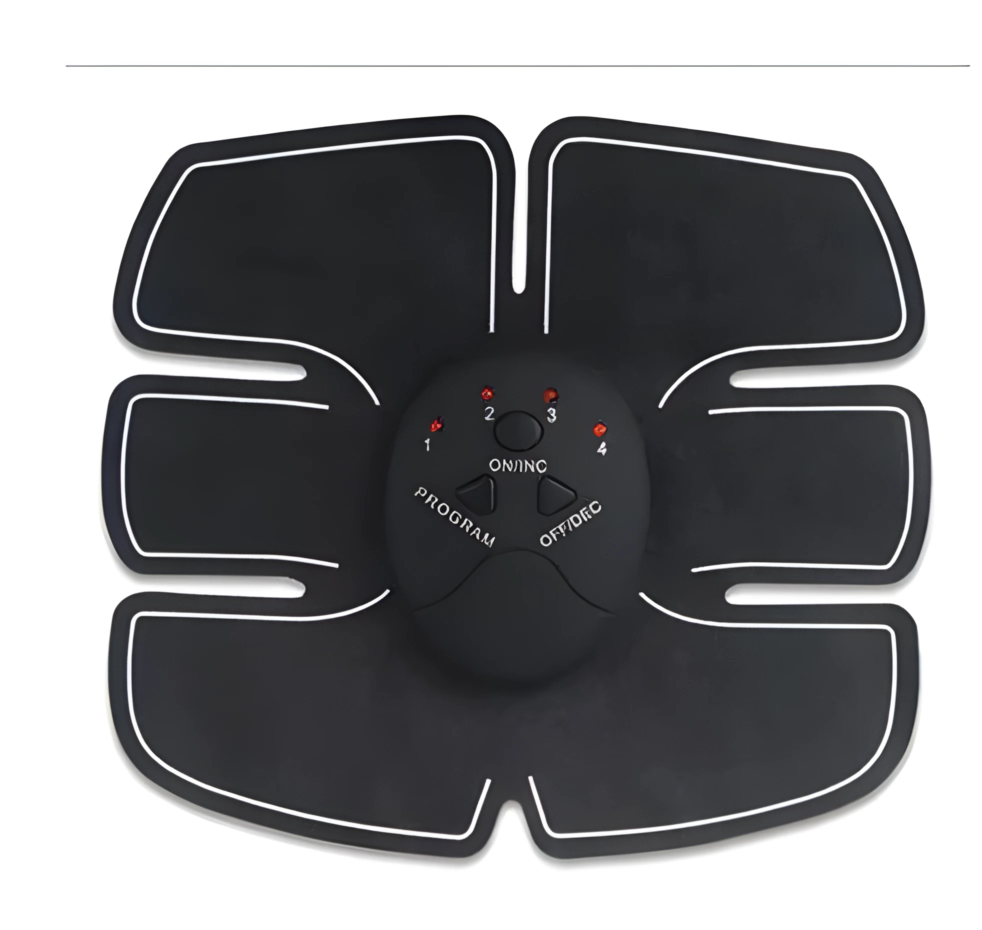 Black EMS muscle stimulator with electrode pads placed on abdomen for slimming and toning