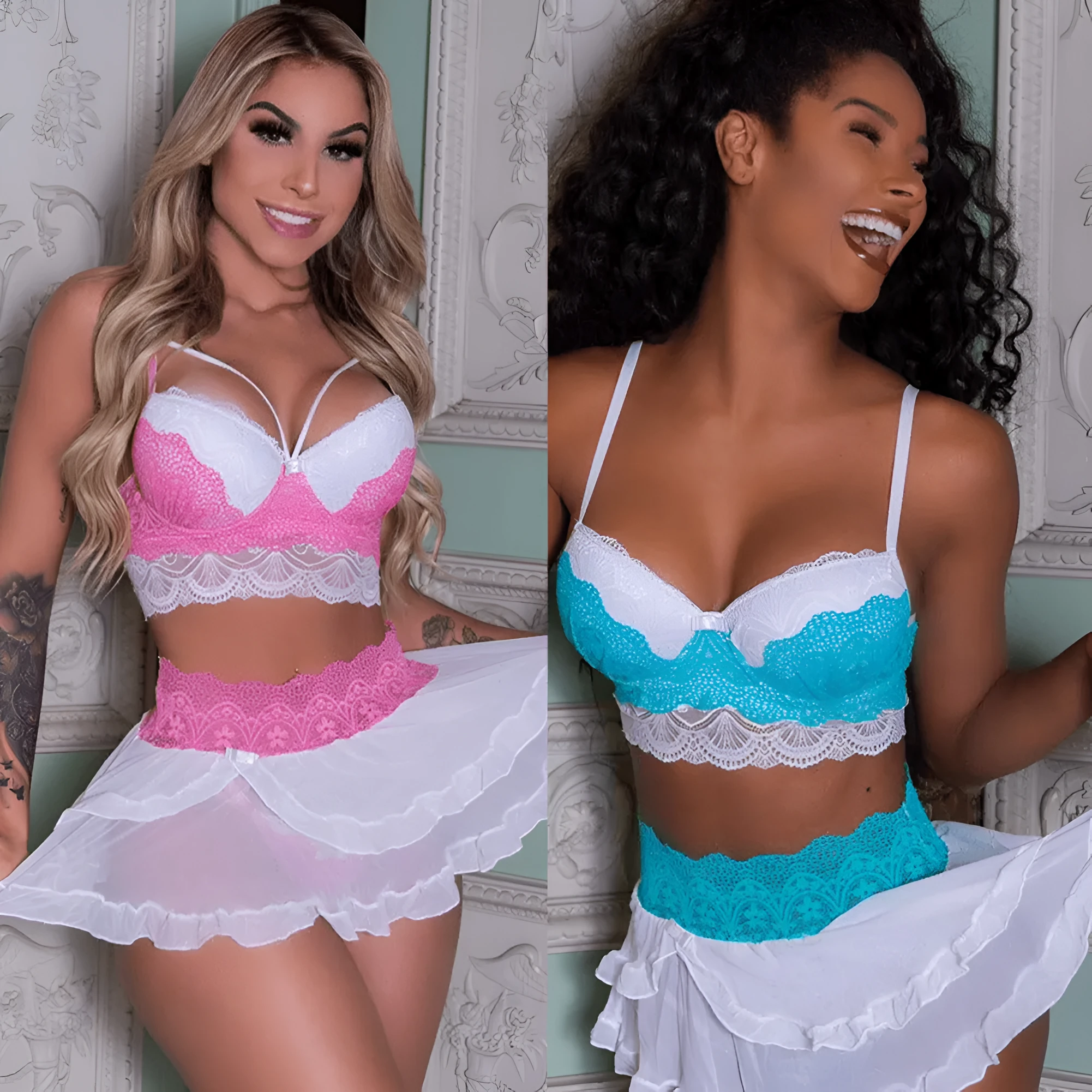 Women's cotton blend lace lingerie set with babydoll dress, thong, and bra in light blue