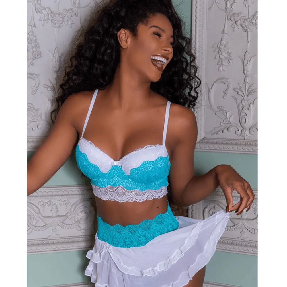 Women's cotton blend lace lingerie set with babydoll dress, thong, and bra in light blue