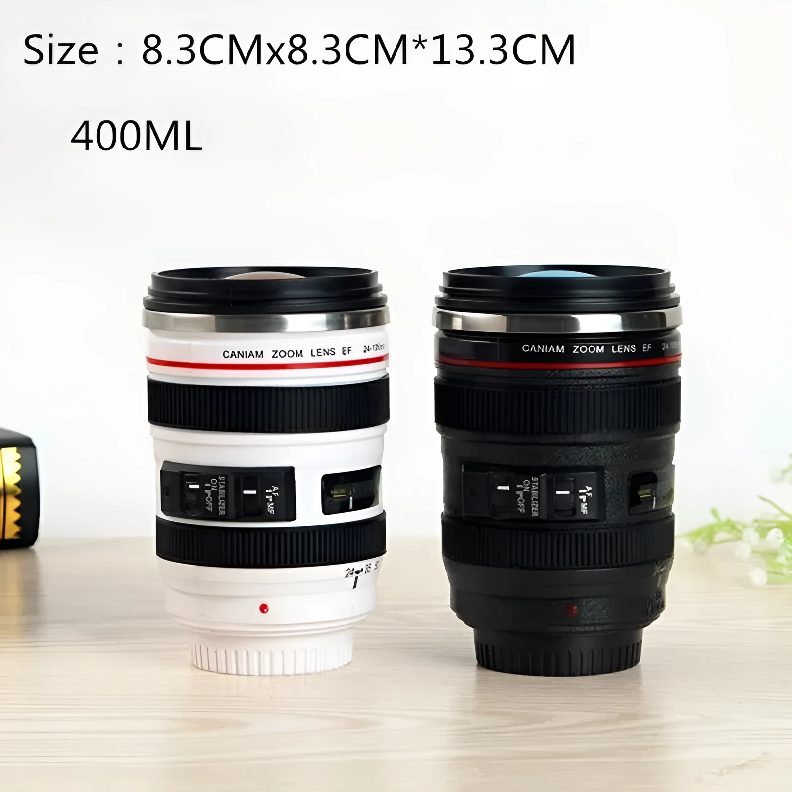 Stainless steel camera lens travel mug with 400ml capacity, black colour, and straight cup style