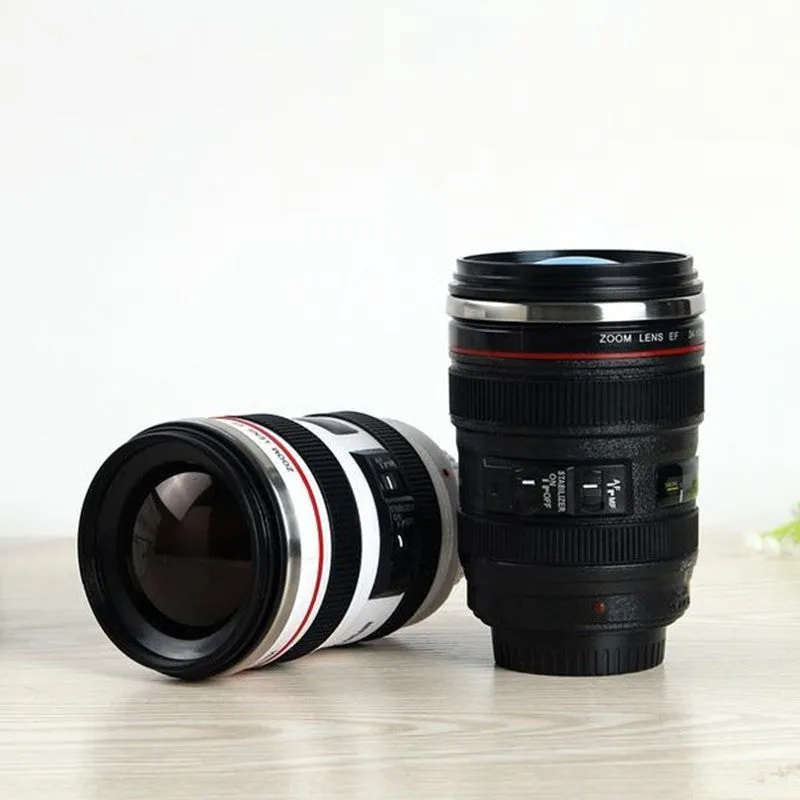 Stainless steel camera lens travel mug with 400ml capacity, black colour, and straight cup style