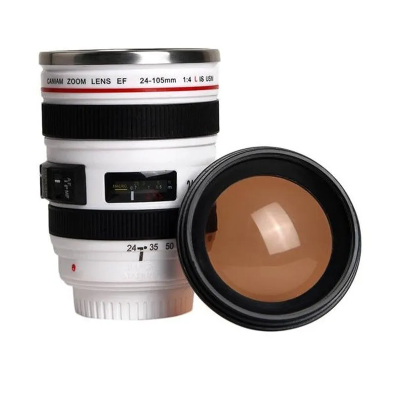 Stainless steel camera lens travel mug with 400ml capacity, black colour, and straight cup style