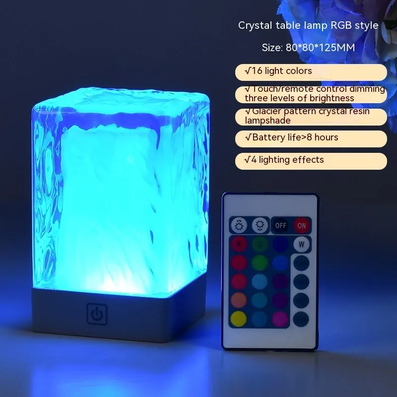 Compact crystal lamp 80x80x12mm with touch sensor and USB cable on a wooden desk