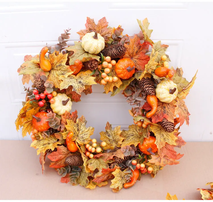 Simulation autumn pumpkin wreath with fabric leaves, berries, pine cones on natural vine ring, 50cm diameter