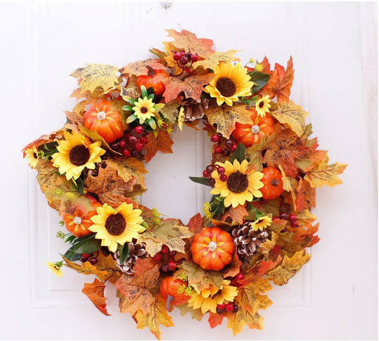 Simulation autumn pumpkin wreath with fabric leaves, berries, pine cones on natural vine ring, 50cm diameter