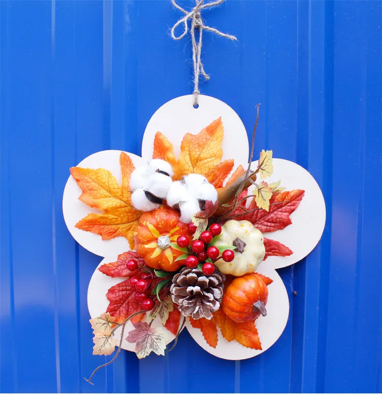 Simulation autumn pumpkin wreath with fabric leaves, berries, pine cones on natural vine ring, 50cm diameter