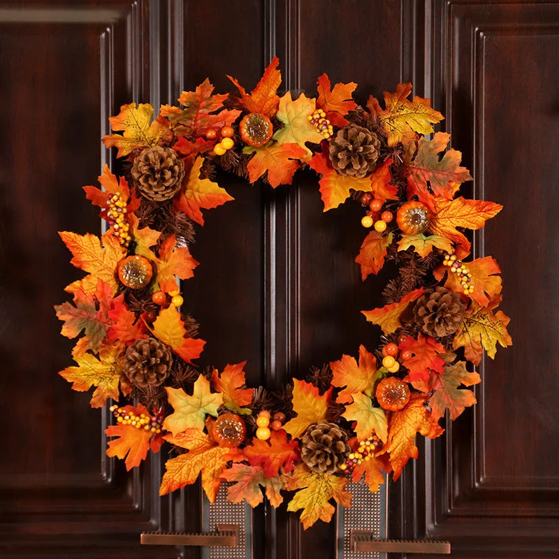 Simulation autumn pumpkin wreath with fabric leaves, berries, pine cones on natural vine ring, 50cm diameter