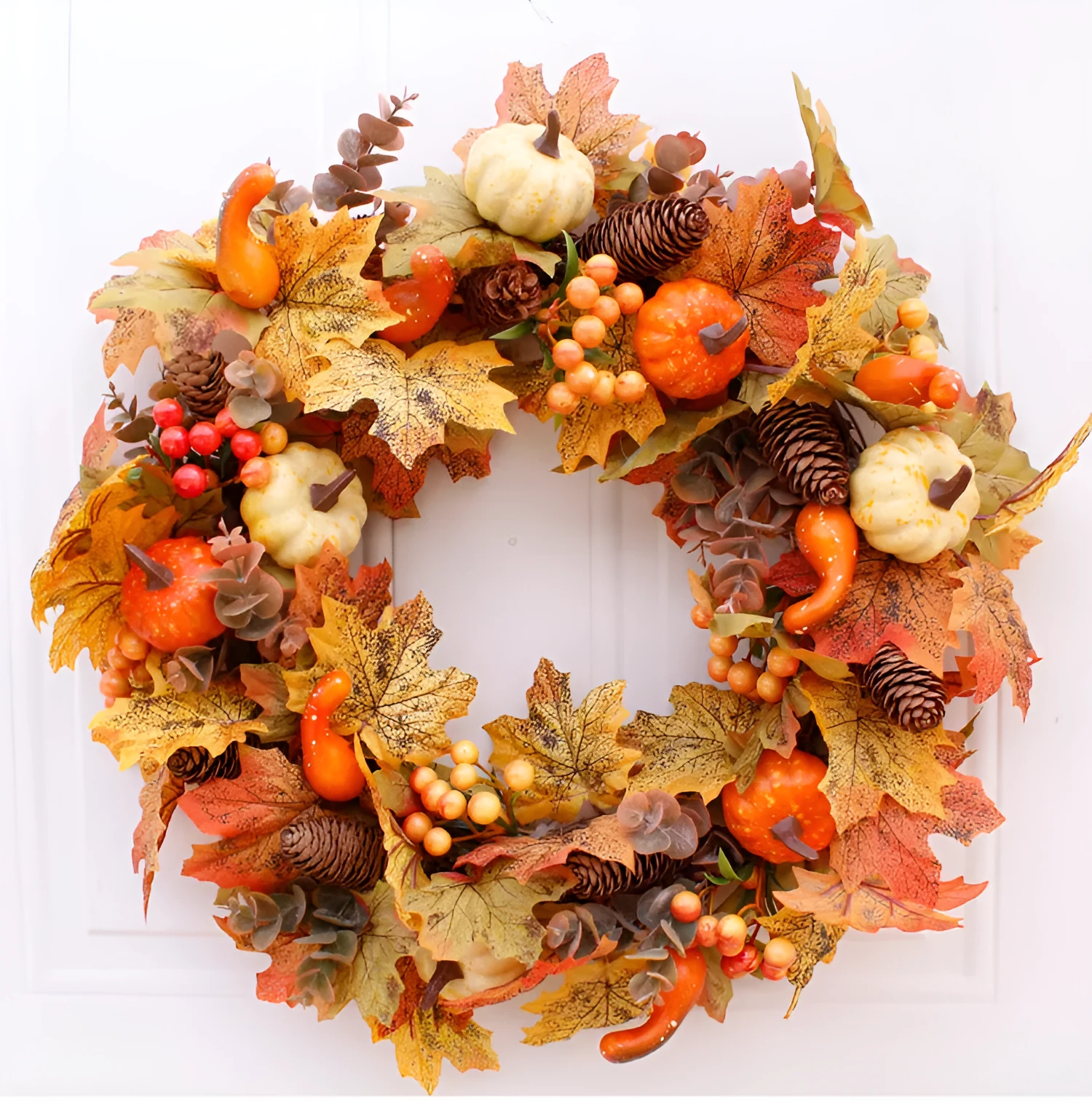 Simulation autumn pumpkin wreath with fabric leaves, berries, pine cones on natural vine ring, 50cm diameter