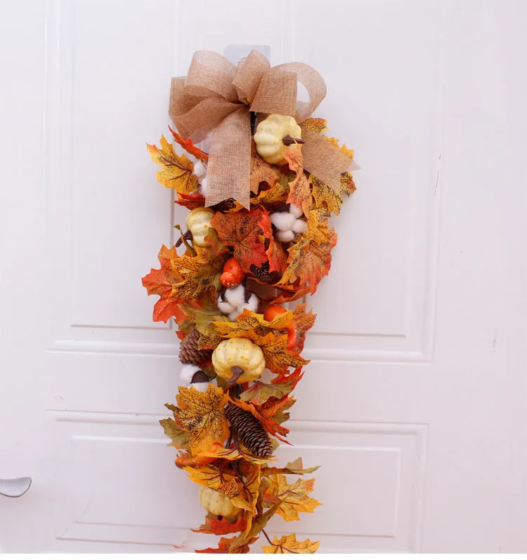 Simulation autumn pumpkin wreath with fabric leaves, berries, pine cones on natural vine ring, 50cm diameter