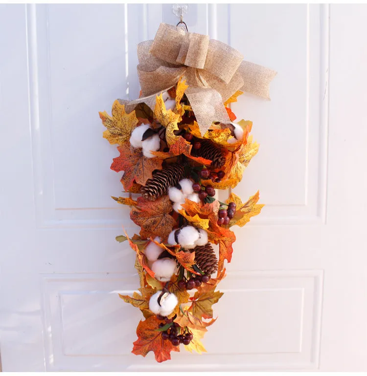 Simulation autumn pumpkin wreath with fabric leaves, berries, pine cones on natural vine ring, 50cm diameter