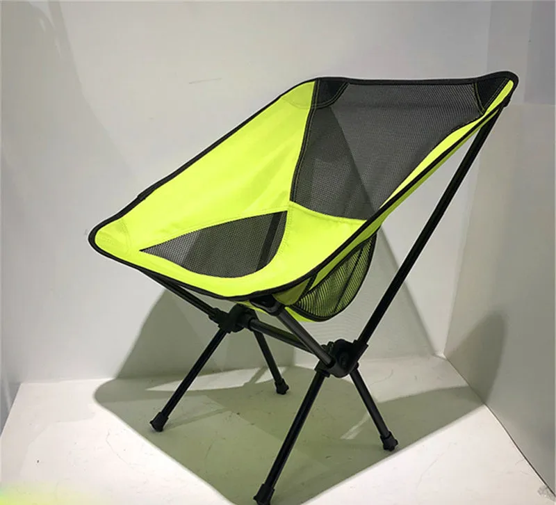 Ultralight folding camping chair in blue with iron frame and 600D Oxford cloth seat, folded for storage
