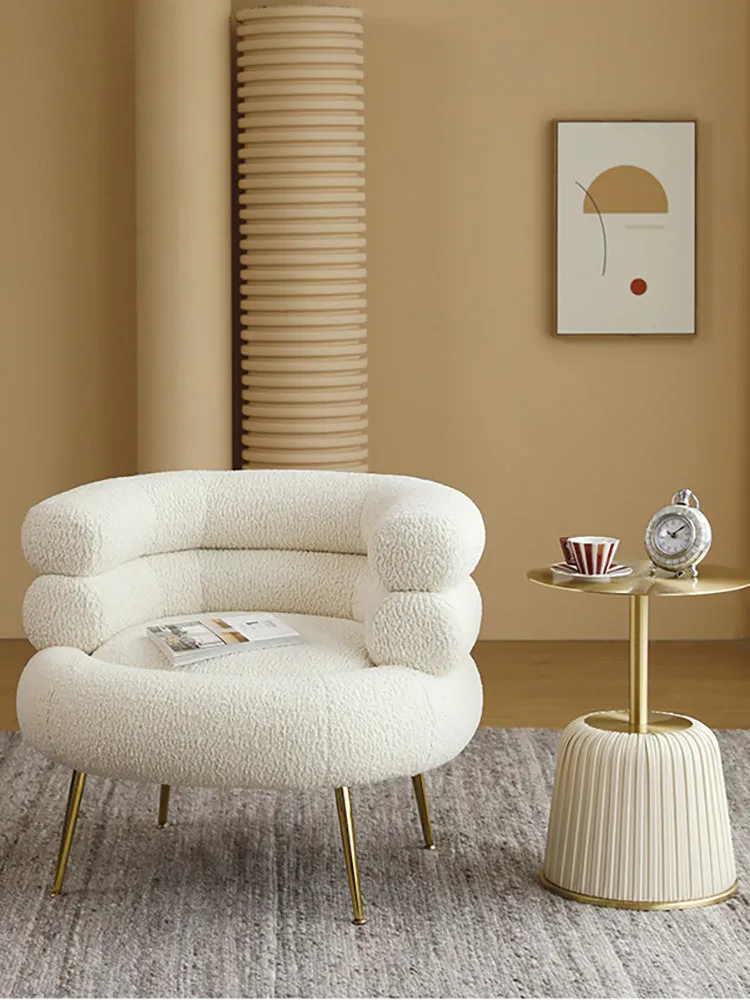 Nordic light luxury hot dog sofa chair in white cloth upholstery with art pattern, suitable for balcony or dressing room