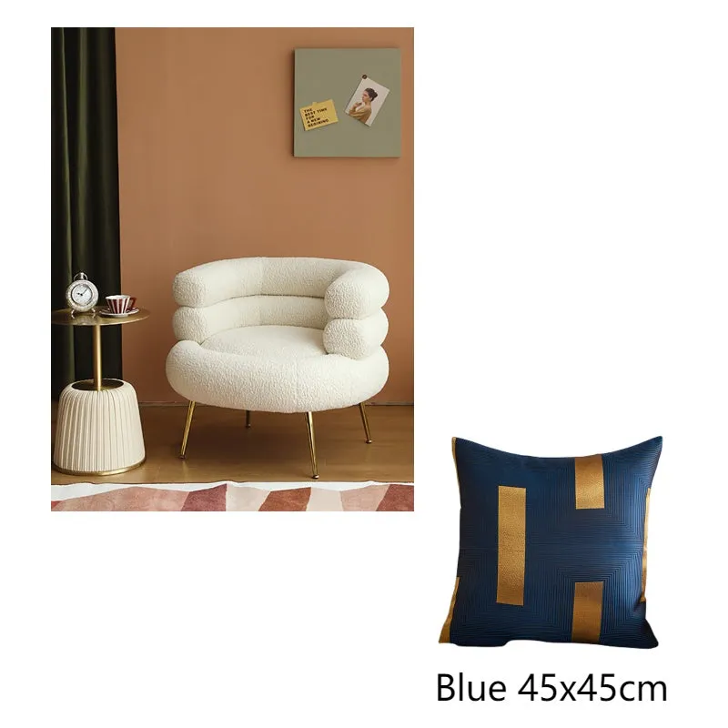 Nordic light luxury hot dog sofa chair in white cloth upholstery with art pattern, suitable for balcony or dressing room