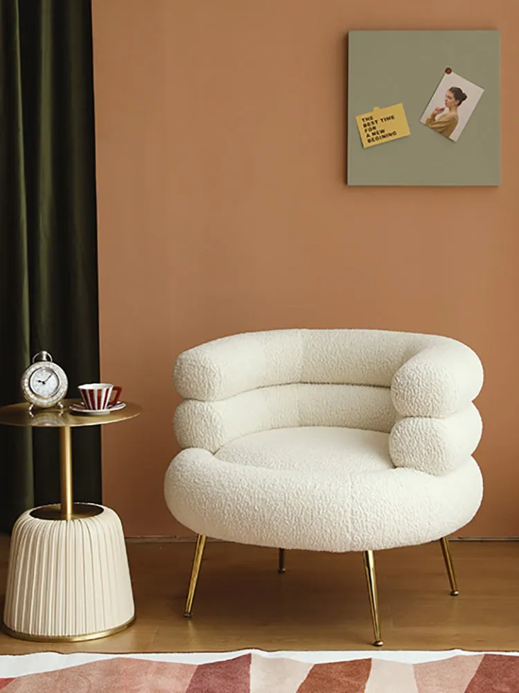 Nordic light luxury hot dog sofa chair in white cloth upholstery with art pattern, suitable for balcony or dressing room