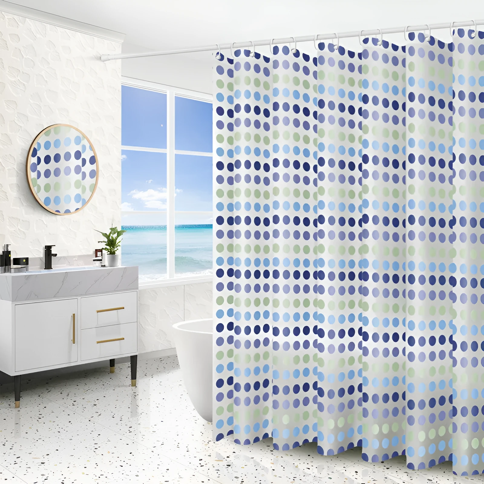 PEVA shower curtain with stainless steel buttonholes in simple modern geometric pattern, multiple colour options