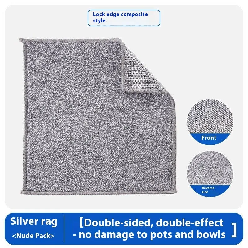 Silver silk double-sided microfiber cleaning rag for scrubbing pots and bowls.
