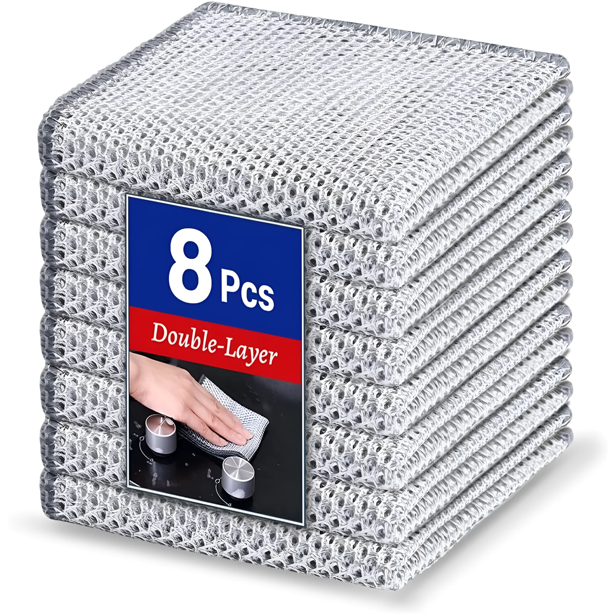 Silver silk double-sided microfiber cleaning rag for scrubbing pots and bowls.
