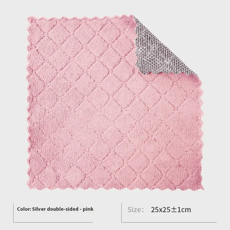 Silver silk double-sided microfiber cleaning rag for scrubbing pots and bowls.