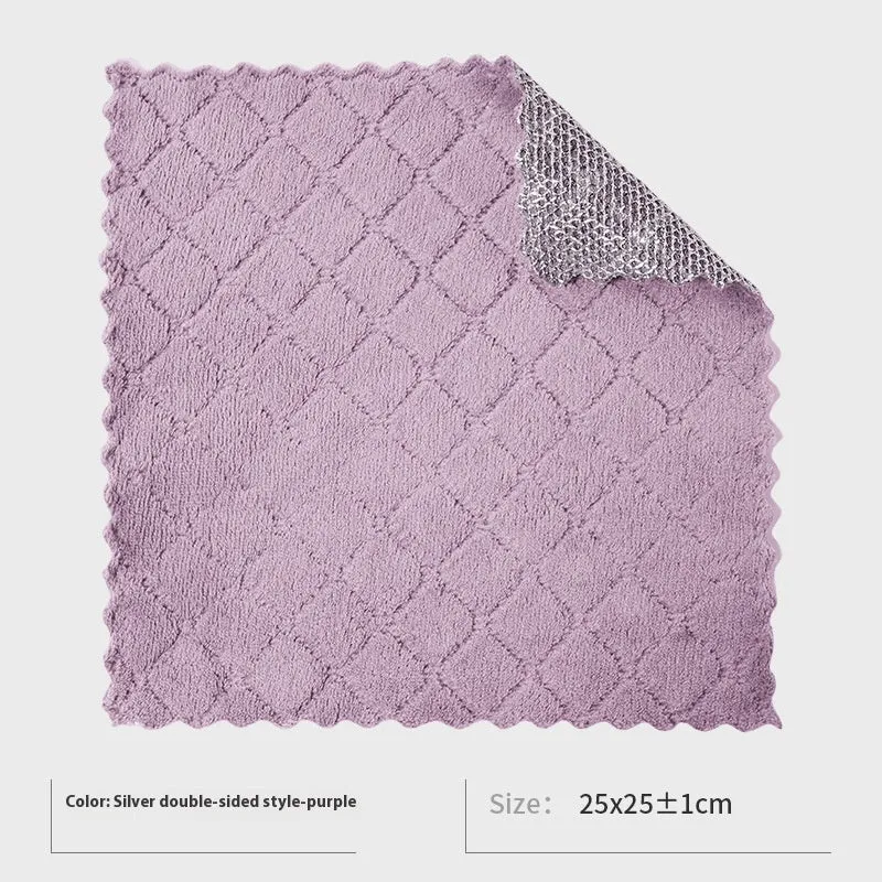 Silver silk double-sided microfiber cleaning rag for scrubbing pots and bowls.