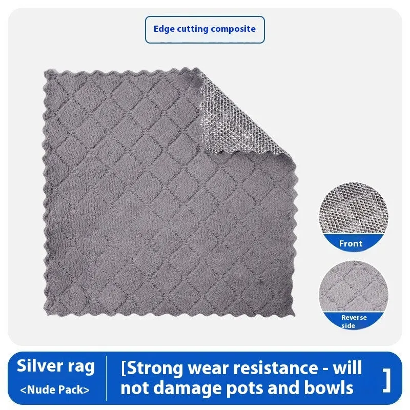 Silver silk double-sided microfiber cleaning rag for scrubbing pots and bowls.
