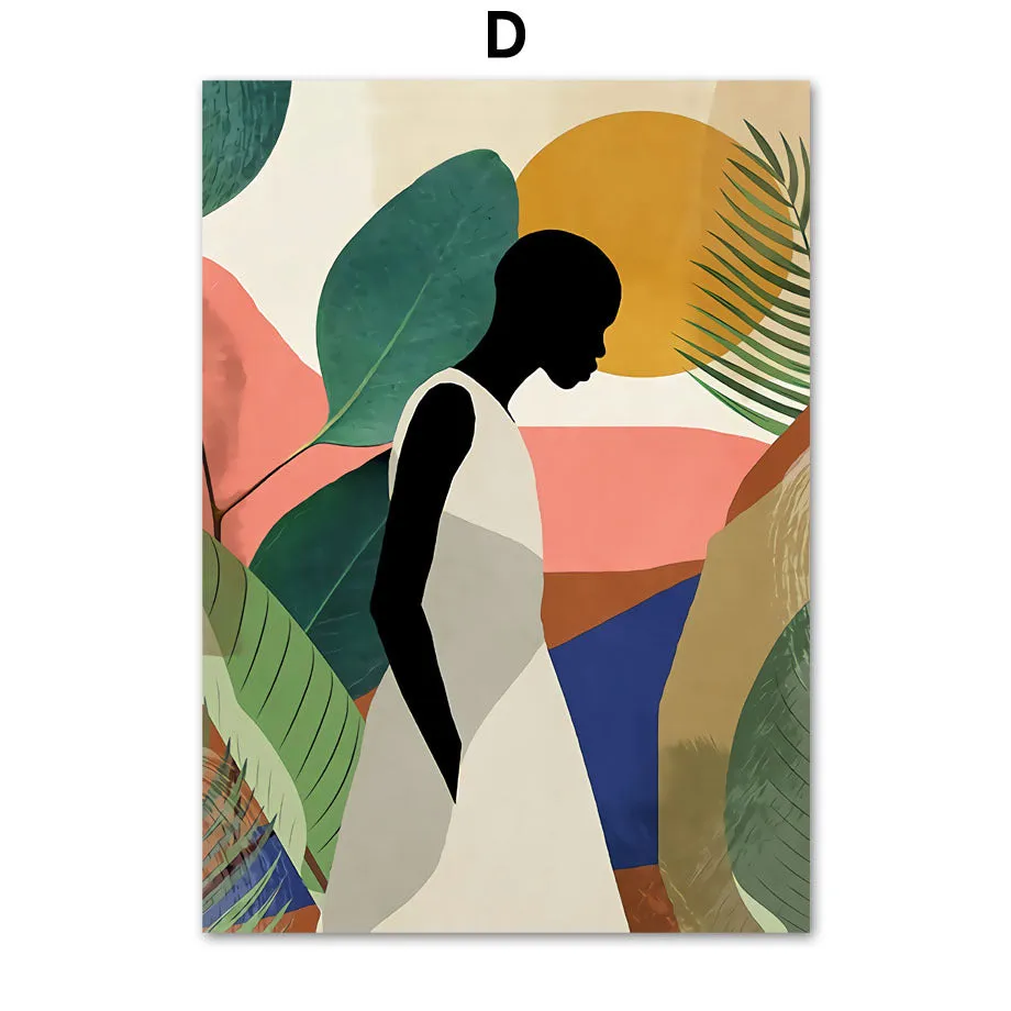 Abstract African women flower leaf mural art canvas painting frameless rectangle modern wall decor