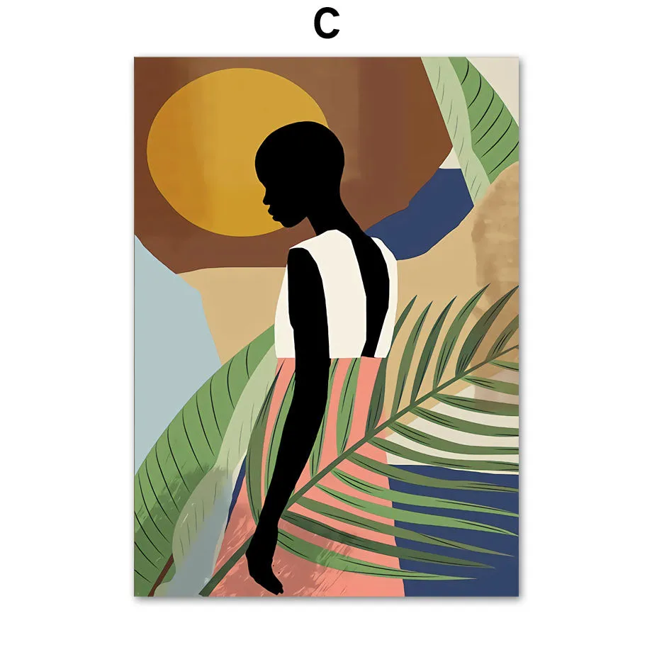 Abstract African women flower leaf mural art canvas painting frameless rectangle modern wall decor