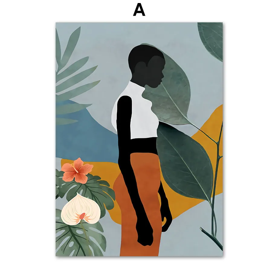 Abstract African women flower leaf mural art canvas painting frameless rectangle modern wall decor