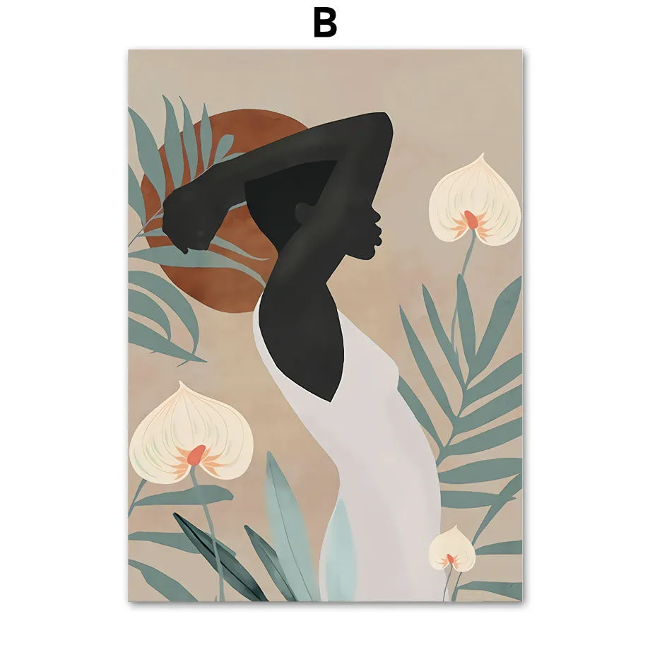 Abstract African women flower leaf mural art canvas painting frameless rectangle modern wall decor