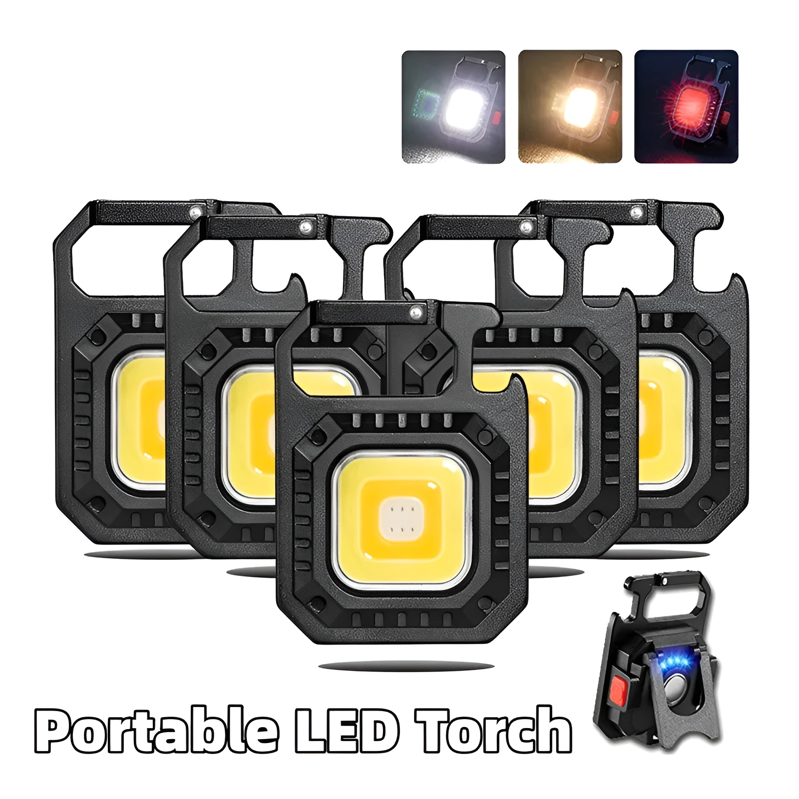 Black multifunctional portable LED torch with aluminium alloy body, magnet base, and control button on a wooden surface