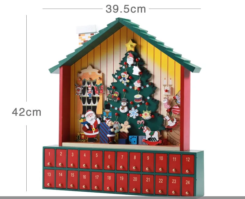 Wooden Christmas calendar with 24 red and green compartments for advent countdown, 37x32x6 cm
