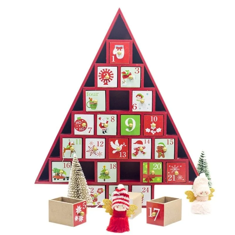 Wooden Christmas calendar with 24 red and green compartments for advent countdown, 37x32x6 cm
