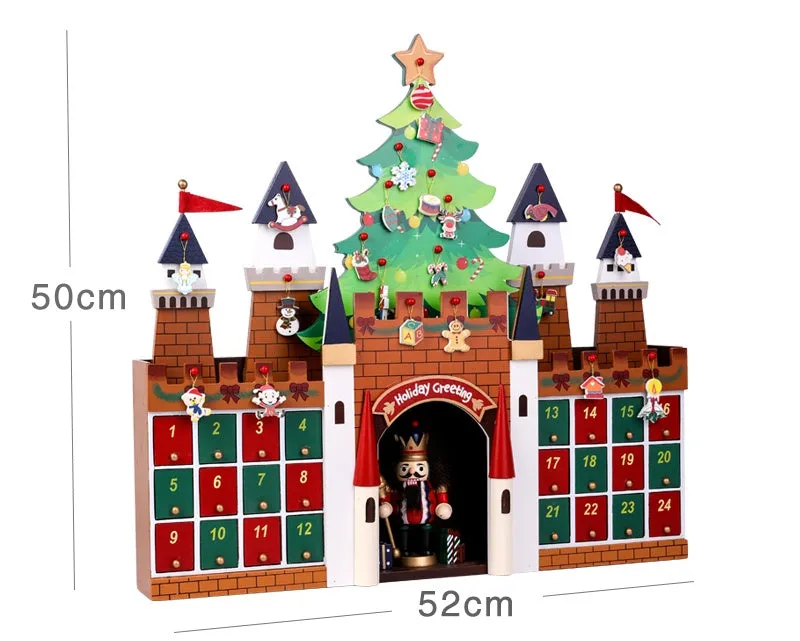 Wooden Christmas calendar with 24 red and green compartments for advent countdown, 37x32x6 cm